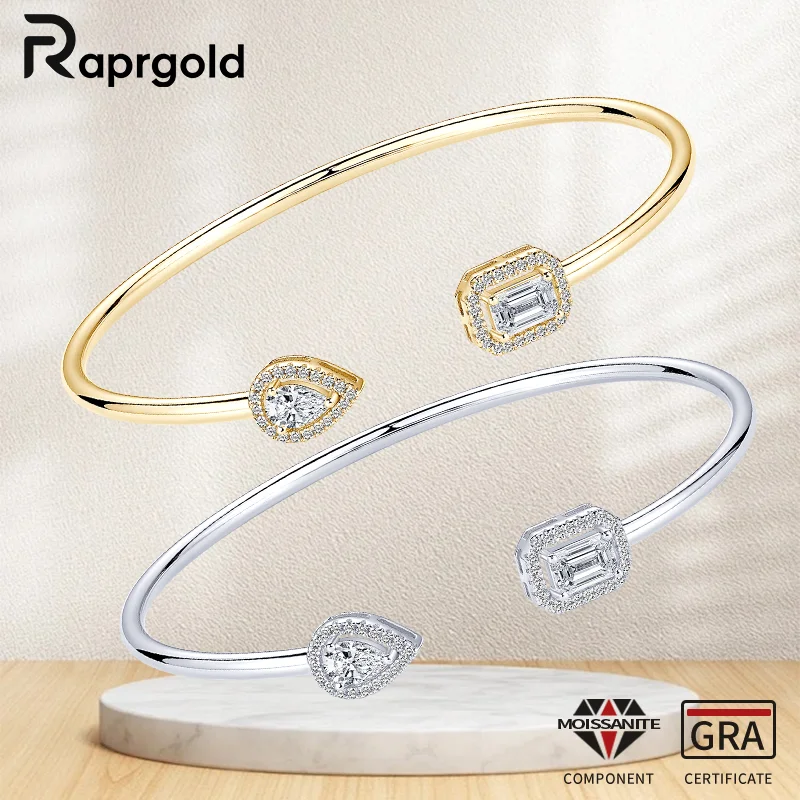 

RAPRGOLD Pear Emerald Cut Moissanite Adjustable Open Bracelet for Women 925 Sterling Silver Cuff Bangle Wrist Fine Jewelry Gifts