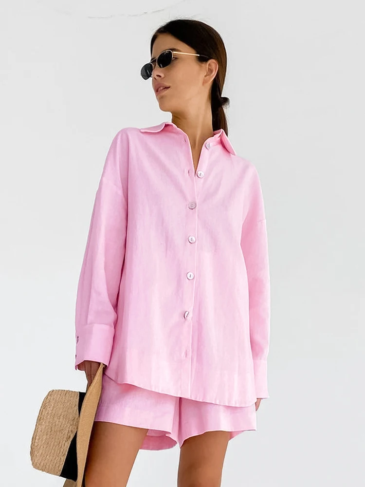 Hiloc Pink Long Sleeve Sleepwear Cotton Single-Breasted Short Sets Lapel Casual Pajama Set Woman 2 Pieces Loungewear 2024 Spring