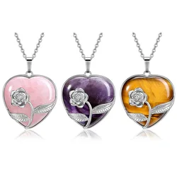 Crystal Stone Heart Shape Pendant Natural Rose Quartz Amethyst Crystal Lapis Lazui Green Aventurine Agate Women Necklace Jewelry