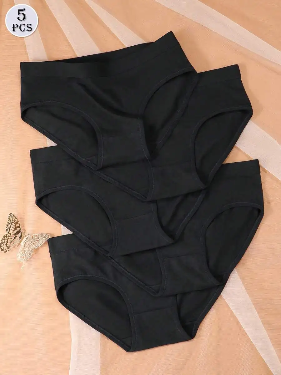

5 Pcs Womens Cotton Briefs Soft Breathable Black Underwear Set