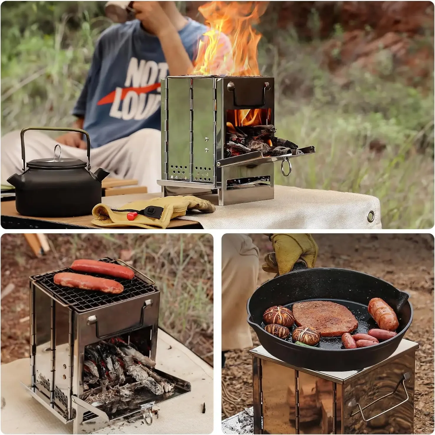 Outdoor Folding Wood Stove Mini Stainless Steel Grill BBQ Camping Picnic Folding Charcoal Stove Outdoor Barbecue Grill