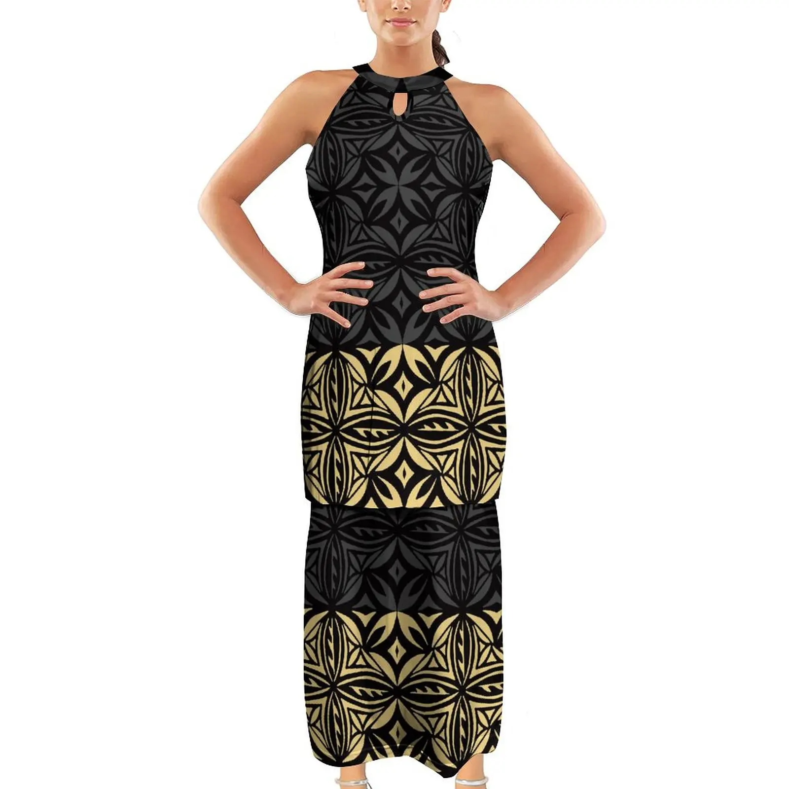 Polynesian Puletasi Samoa Custom Pacific Island Style Set Skirt Cutout Art Sexy Long Dress Summer Tribal Ethnic Design Set Skirt