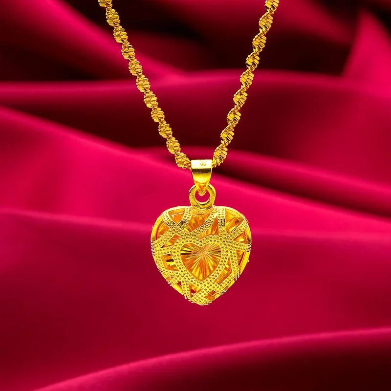 EternaGold  Heart Hollow Necklace Women 24K Gold AU999 - Gold enhances hollow shine, versatile heart, great for stacking
