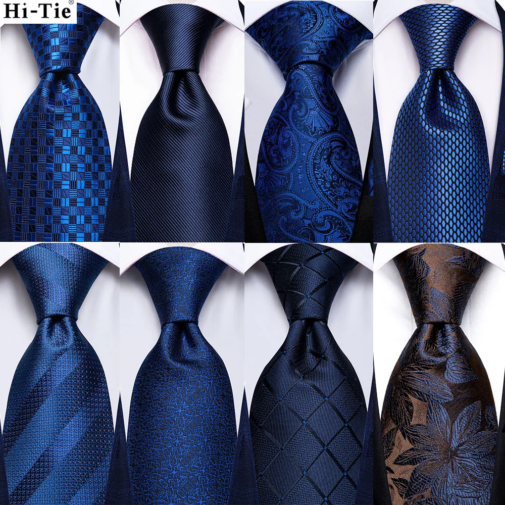 Hi-Tie Navy Blue Solid Paisley Silk Wedding Tie For Men Hanky Cufflink Mens Necktie Set Business Party New Design Dropshipping