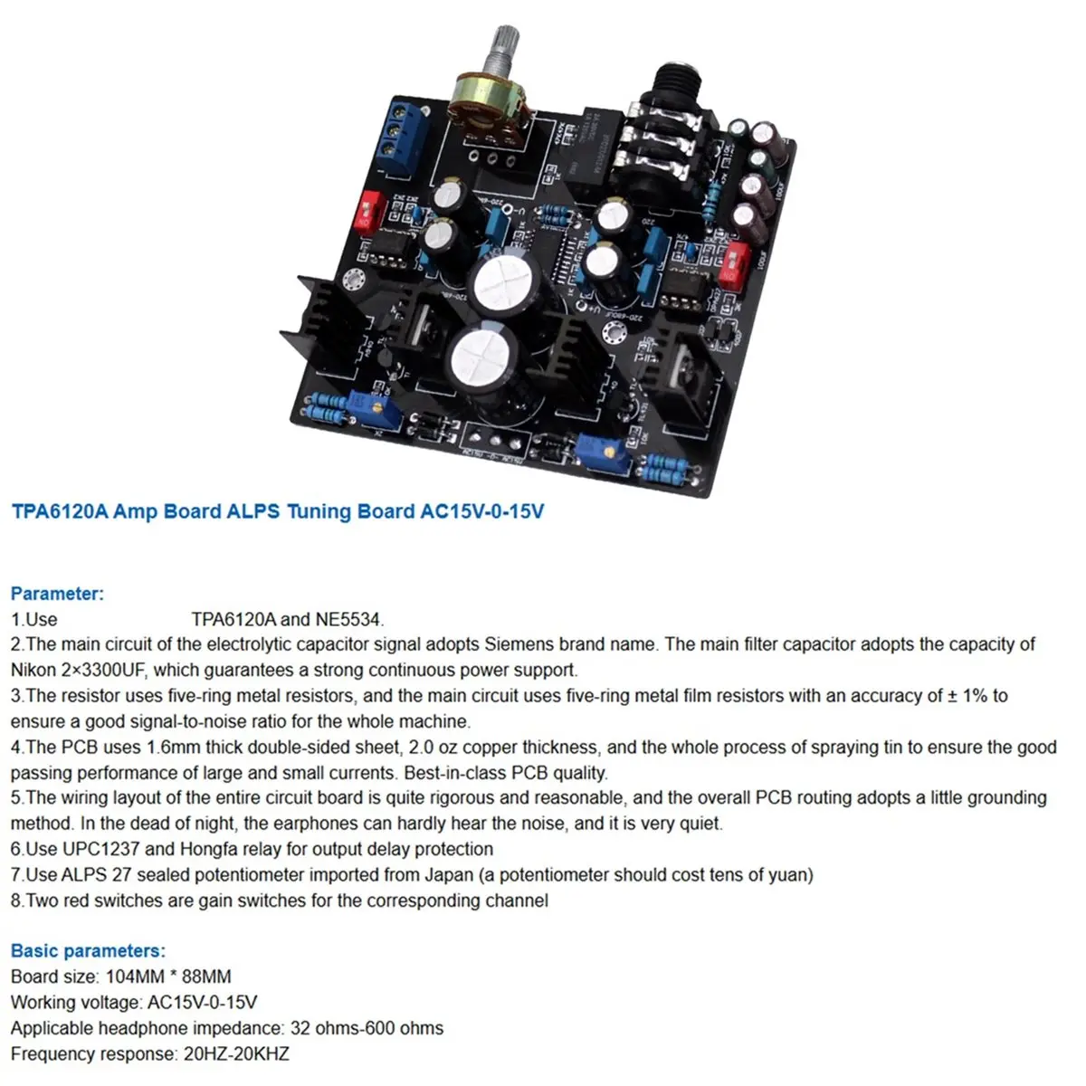 【ヘッドホンアンプボード】tpa6120aアンプボード-alpsチューニングボード-ac15v-0-15v-ne5534デュアルop-amp使用-hi-fiヘッドホンプリアンプ