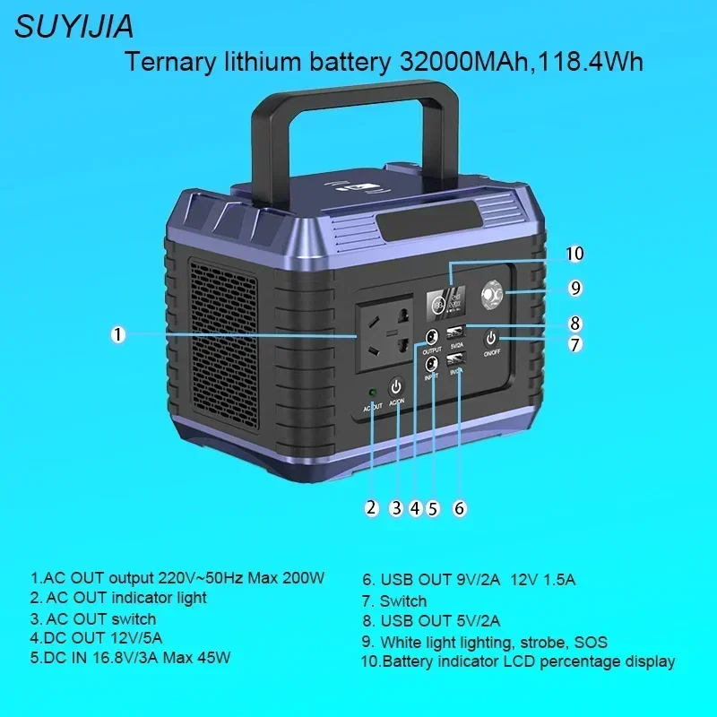 Estação de energia portátil, bateria de lítio Ternary, 220V Energy Storage Power Supply, Camping RV, Multi-function USB, novo, 32000mAh 200W