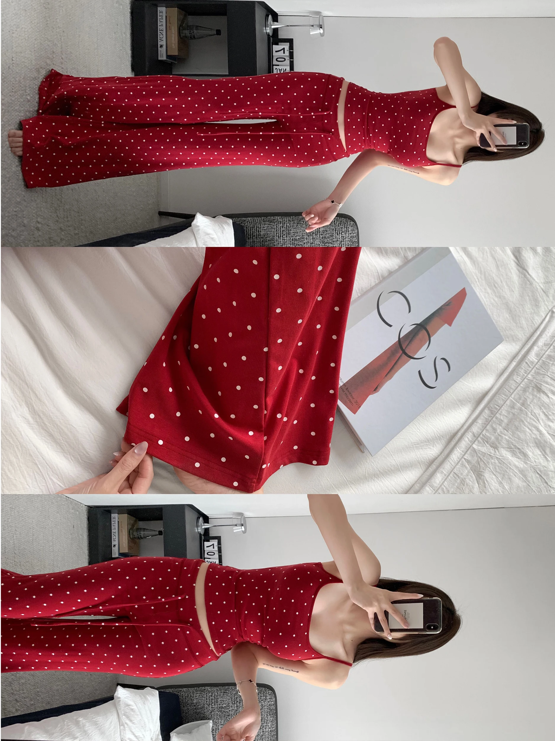 

Zhang Zi American Retro Polka Dot High Waist Drawstring Straight Leg Casual Pants Lengthening Legs Effect for Taller Women