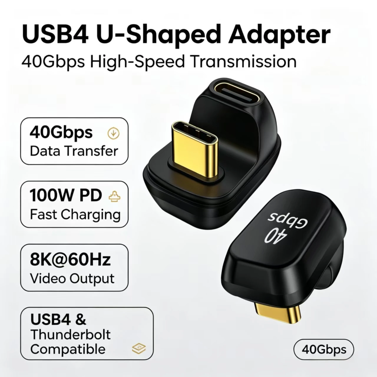 USB4 U‑Shaped Type‑C Male to Female Adapter,40Gbps Data,100W PD Charging,8K@60Hz Video,Thunderbolt 3/4 Compatible Converter for