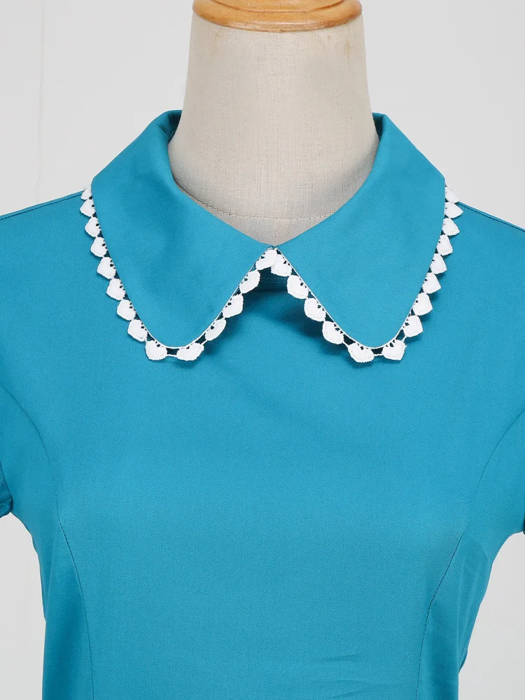 Tonval Peter Pan Collar Puff Sleeve Turquoise Cotton Dresses Women 2026 Elegant Plain Vintage Style Pockets Side Midi Dress