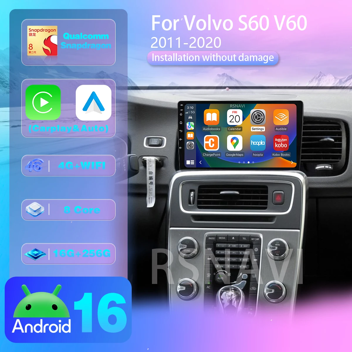 Android 16 For Volvo S60 V60 2011-2013 2014-2020 Carplay Auto Screen Car Radio Multimedia Player steering wheel control WIFI+4G