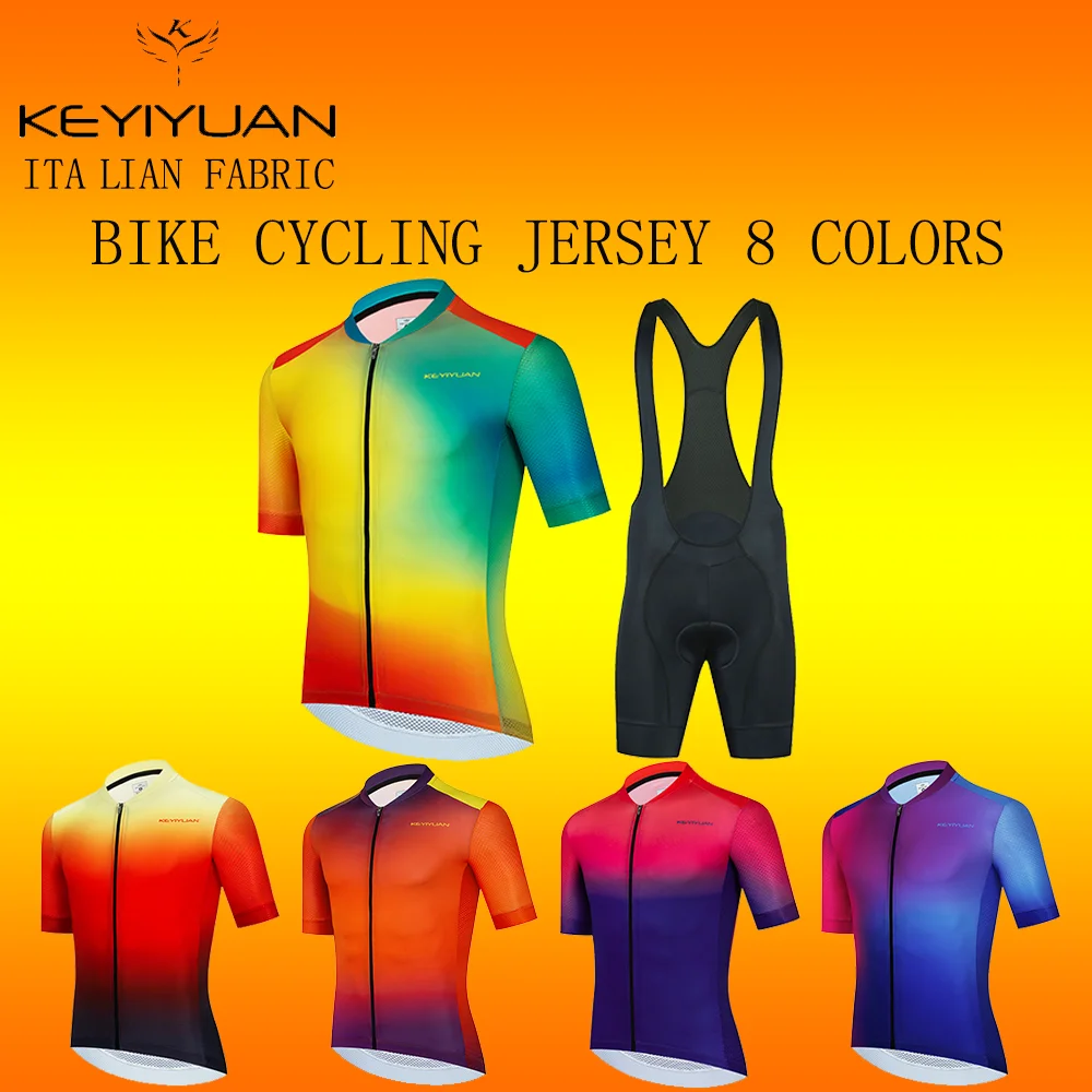 

KEYIYUAN New High Quality Fabric Funny Cycling Jersey Set Men Summer Short Sleeve Bike Clothes Mtb Clothing Wielerkleding Heren