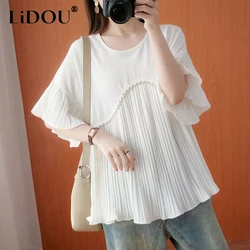 Summer New Fashion Oversize Solid Color Chiffon T-Shirts Women Round Neck Loose Short Sleeve Pullovers Pleated Personality Tops