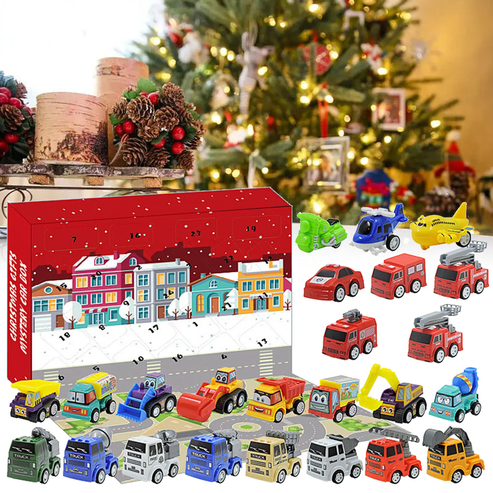 2025 Giocattoli di Natale per bambini Calendario per il conto alla rovescia di Natale Auto 24 giorni Conto alla rovescia in lega Camion dei pompieri Set Giocattoli popolari per bambini