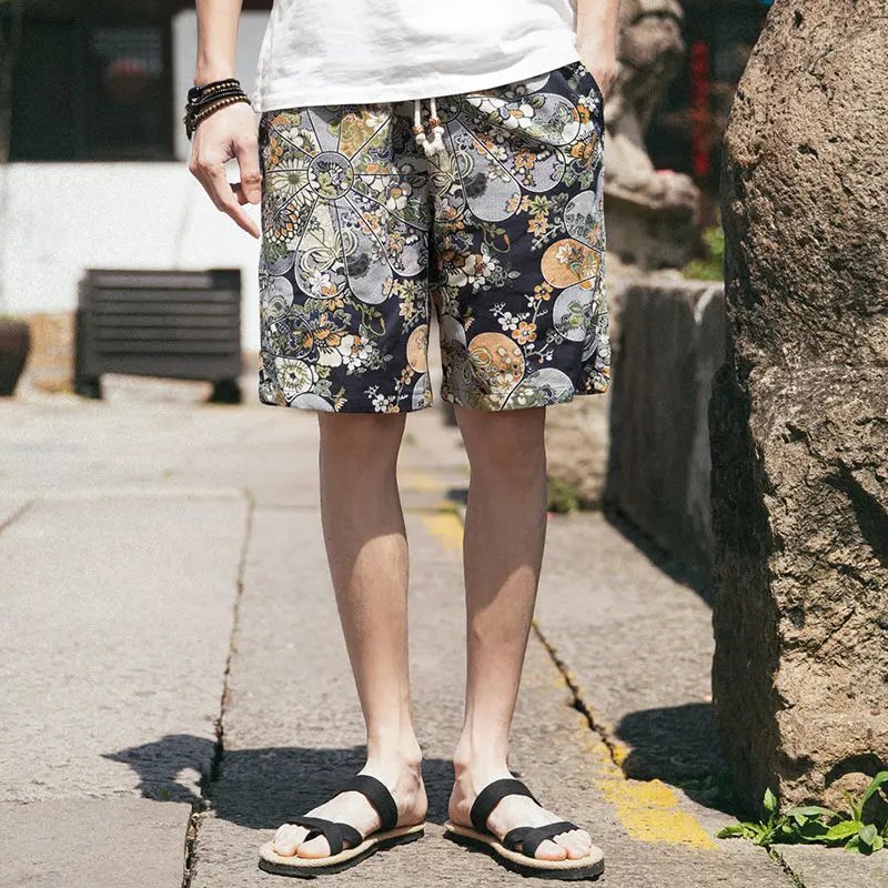 Japanese Vintage Boyfriend 2024 Summer Patchwork Elasticized Drawstring Printing Pocket for Comfortable Loose and Casual Shorts