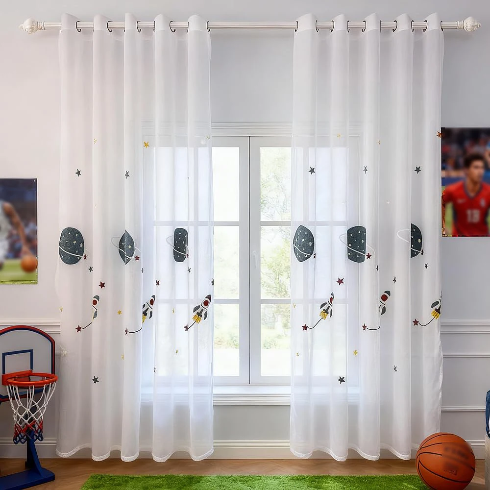 

Cartoon Outer Space Rocket Embroidered Voile Curtain For Kids Bedroom Living Room Sheer Window Drapes Luxury Children Tulle 20D3