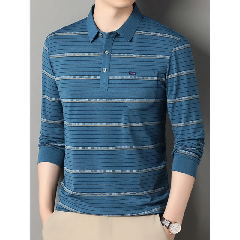 Striped Long-Sleeved Polo Shirt Spring and Autumn Middle-Aged Men's T-shirt Loose Casual Dad Wear T-shirt Undershirt Top
