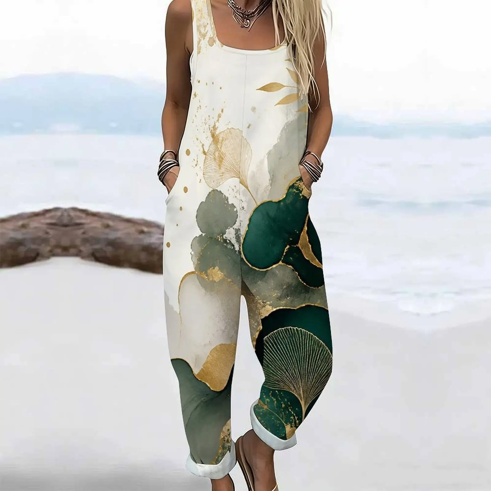 Women Jumpsuit with Print Square Neck Sleeveless Wide Straps Loose Fit Pockets Cuffed Ankle