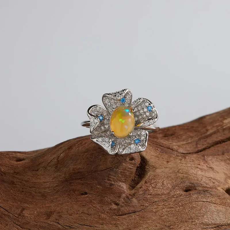 European and American cross-border live broadcast explosion S925 sterling silver inlaid with natural opal gemstone ring