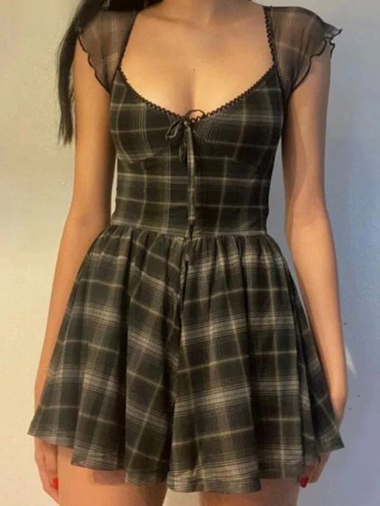 

Cutenew Lattice Pattern A-Line Short Sve Dress Low Waist Bamboo Fiber Summer New Women's Fashionable Casual Dress