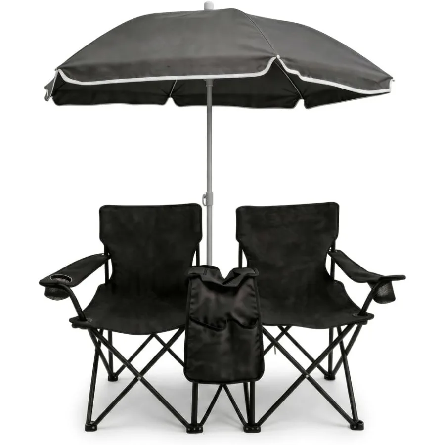 Folding Picnic Chair Set with Umbrella for outdoor use, black polyester fabric, lightweight and portable design