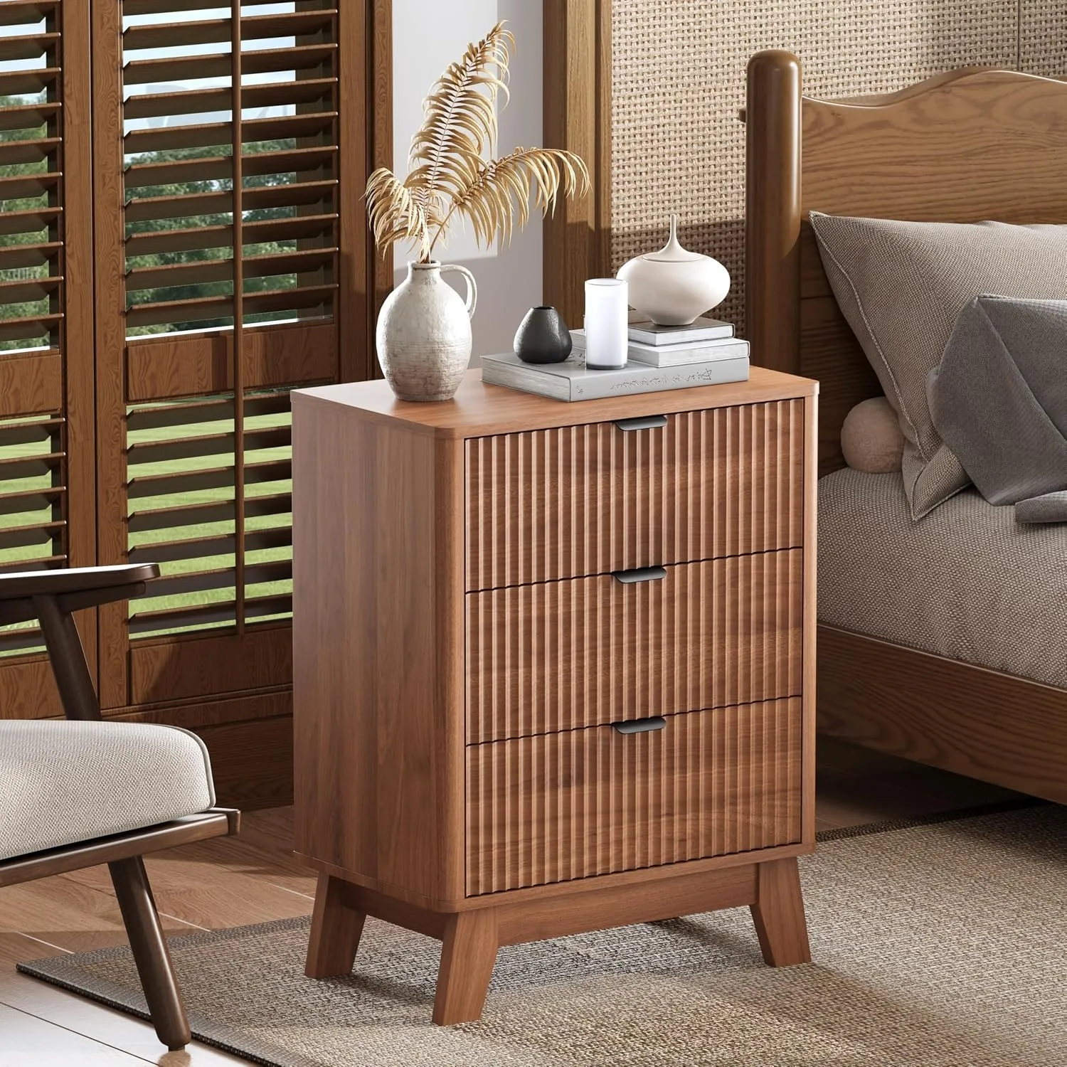 Walnut Mid Century Modern Nightstand With 3 Drawers Wooden Bedroom Bedside & End Table, Custom