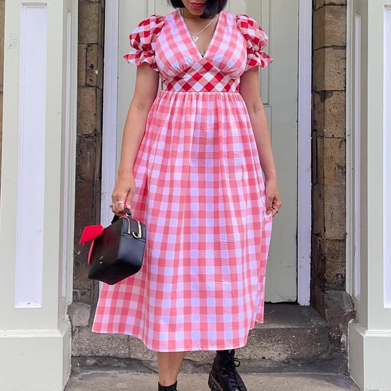 Vintage Plaid V Neck Long Dress Women French Style Kawaii Puff Sleeve A-line Maxi Dress Retro Cottage Y2K Holiday Streetwear