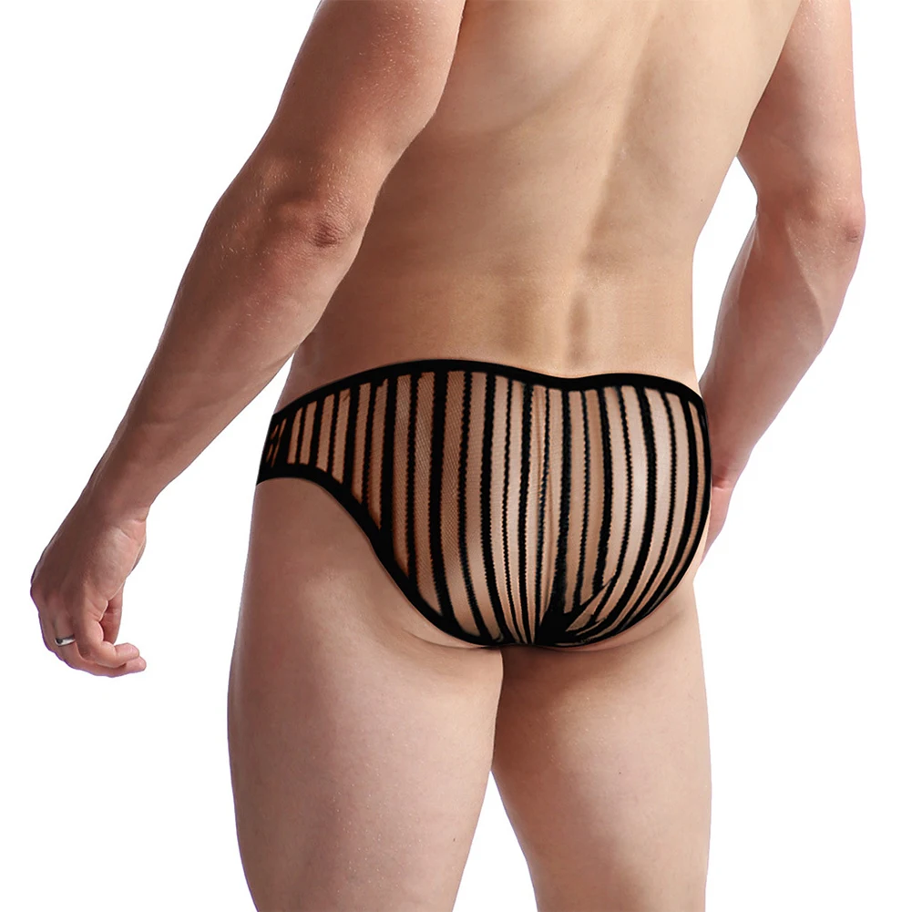 Sexy Mens Black Striped Briefs Underwear Mesh Sheer See-through Pouch Bikini Thong Panties Breathable Quick-Drying Underpants