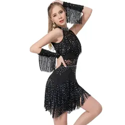 Women Rhinestone Lace Latin Dress Fringe Skirt Ballroom Salsa Samba Rumba Cha Cha Dancewear Party Stage Clothes Suit and Armband