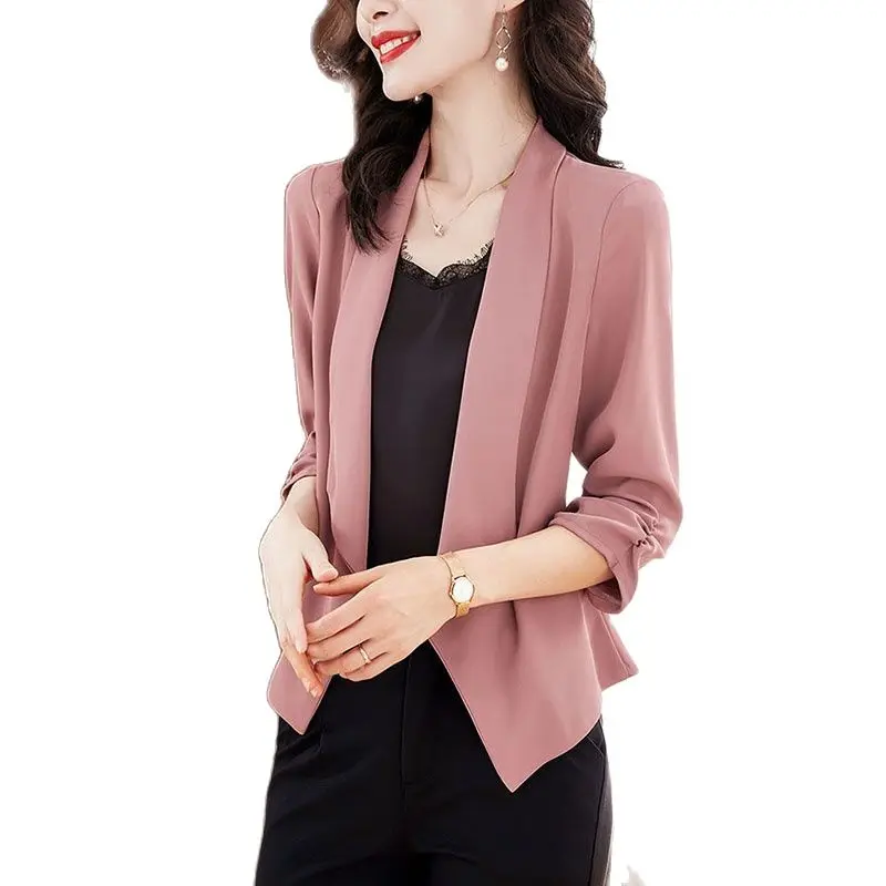 Pink Chiffon Temperament Women\'s Sun Protection Clothing Summer Leisure Three Quarter Sleeves Wild Short Female Shawl Jacket