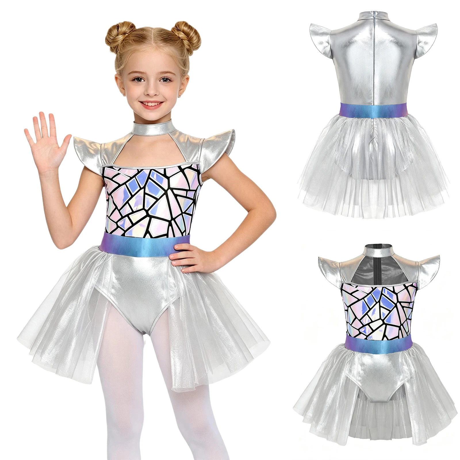6-16Y Girls Halloween Alien Robot Space Cadet Dress Up Costume Metallic Shiny Sequin Cap Sleeve Ballet Dance Tutu Leotard Dress - view 2