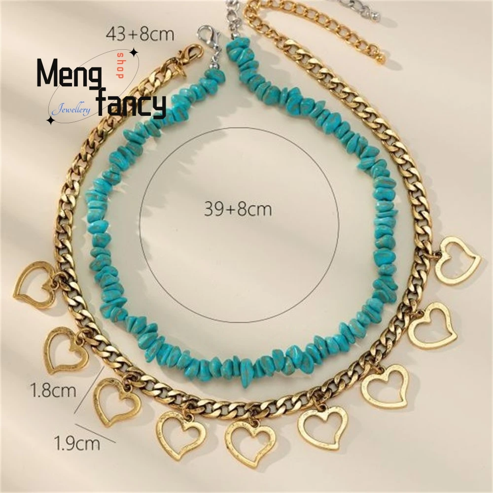 Design Sense Metal Heart-Shaped Round Ball Necklace, Unique And Trendy Hip-Hop Turquoise Necklace Set Fashion Jewelry Elegant