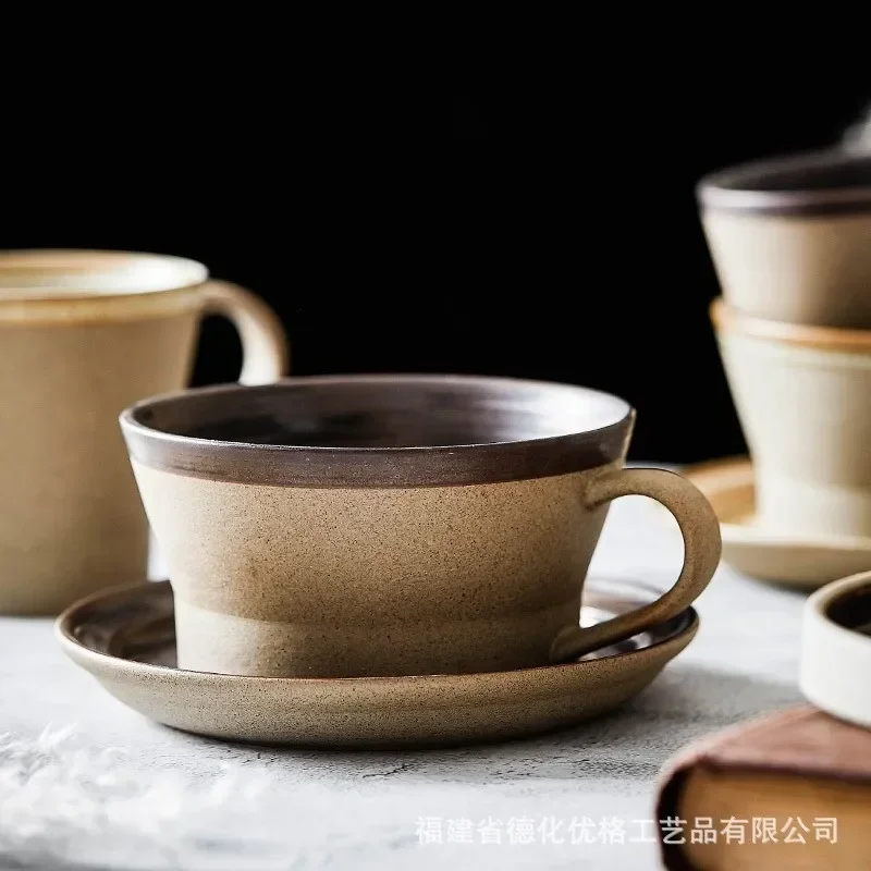 Retro Pottery Coffee Cup Set Creative Handmade Ceramic  Cups With Dish Milk Water Mug Breakfast Mugs Home Tableware Wholesale