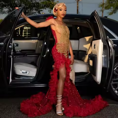 EVLAST Customized Aso Ebi Red Sequins Evening Dress Gold Crystal Applique Beading African High Slit Prom Dress Party Gown E2P88