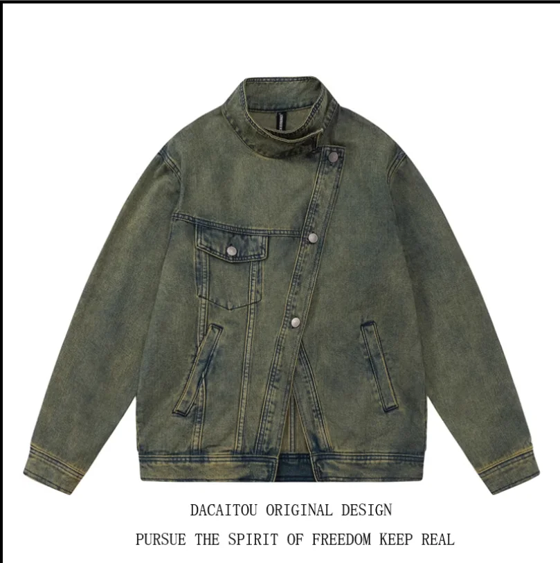 

American retro jacket yellow mud washed diagonal breasted split dark lapel denim top