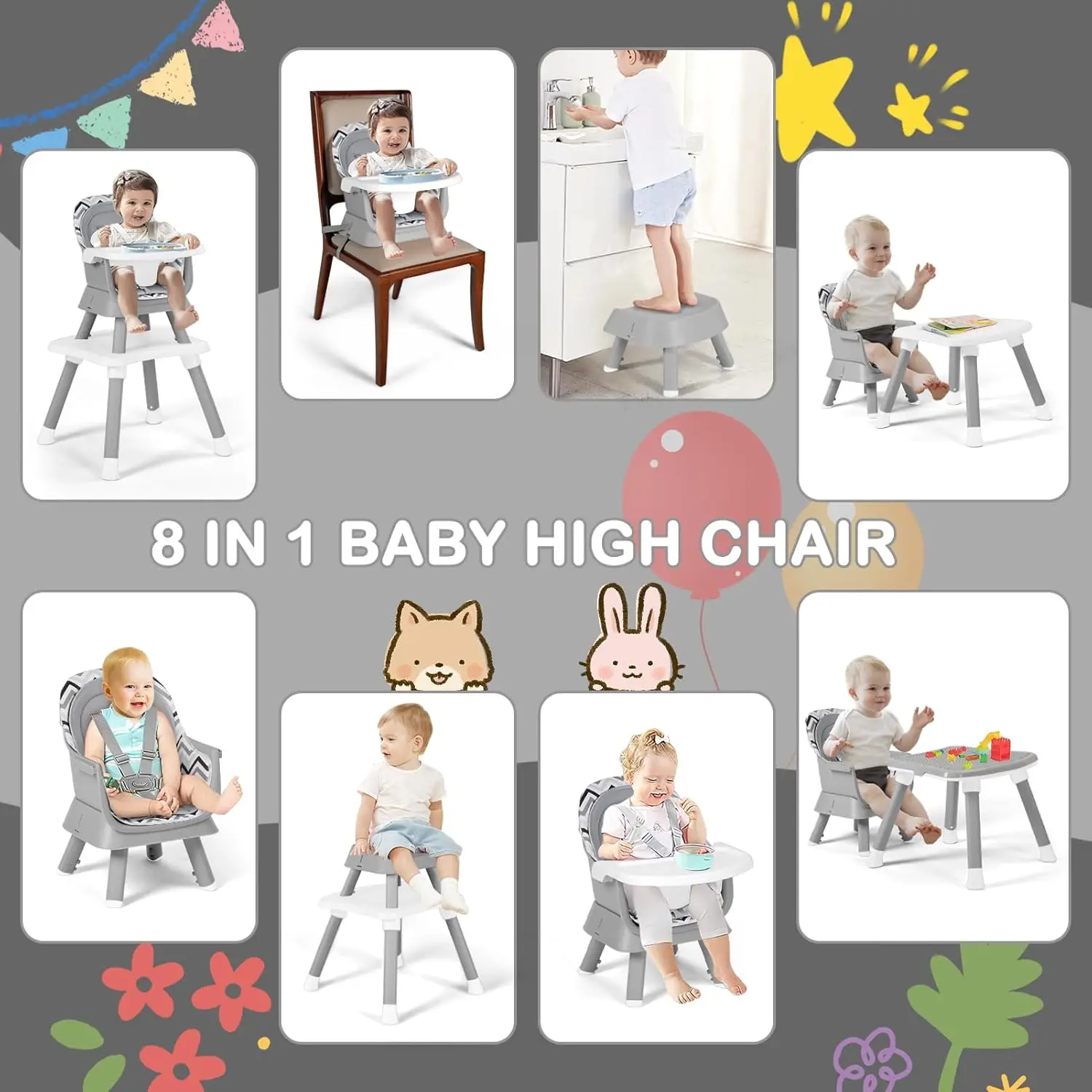 Baby High Chair, 8 in 1 Convertible Highchairs for Babies and Toddlers, Children Dining Booster Seat/Kids Building Block Table