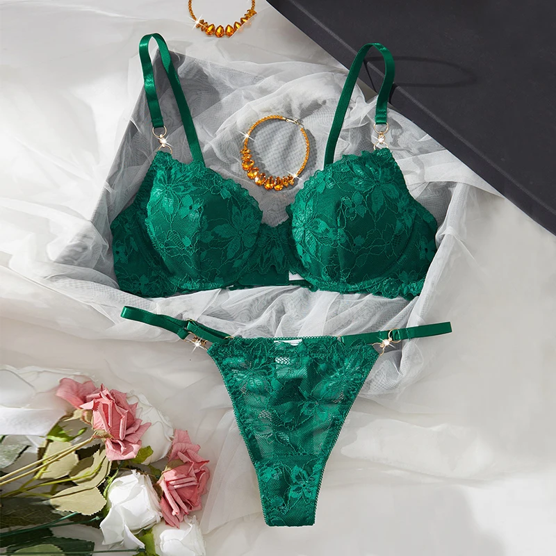 Women Lace Lingerie Ultra Sexy French Thin Bra Sets Intimate Exotic Sets Luxury Erotic Lingerie Dark Green Youth Sexy Lingerie