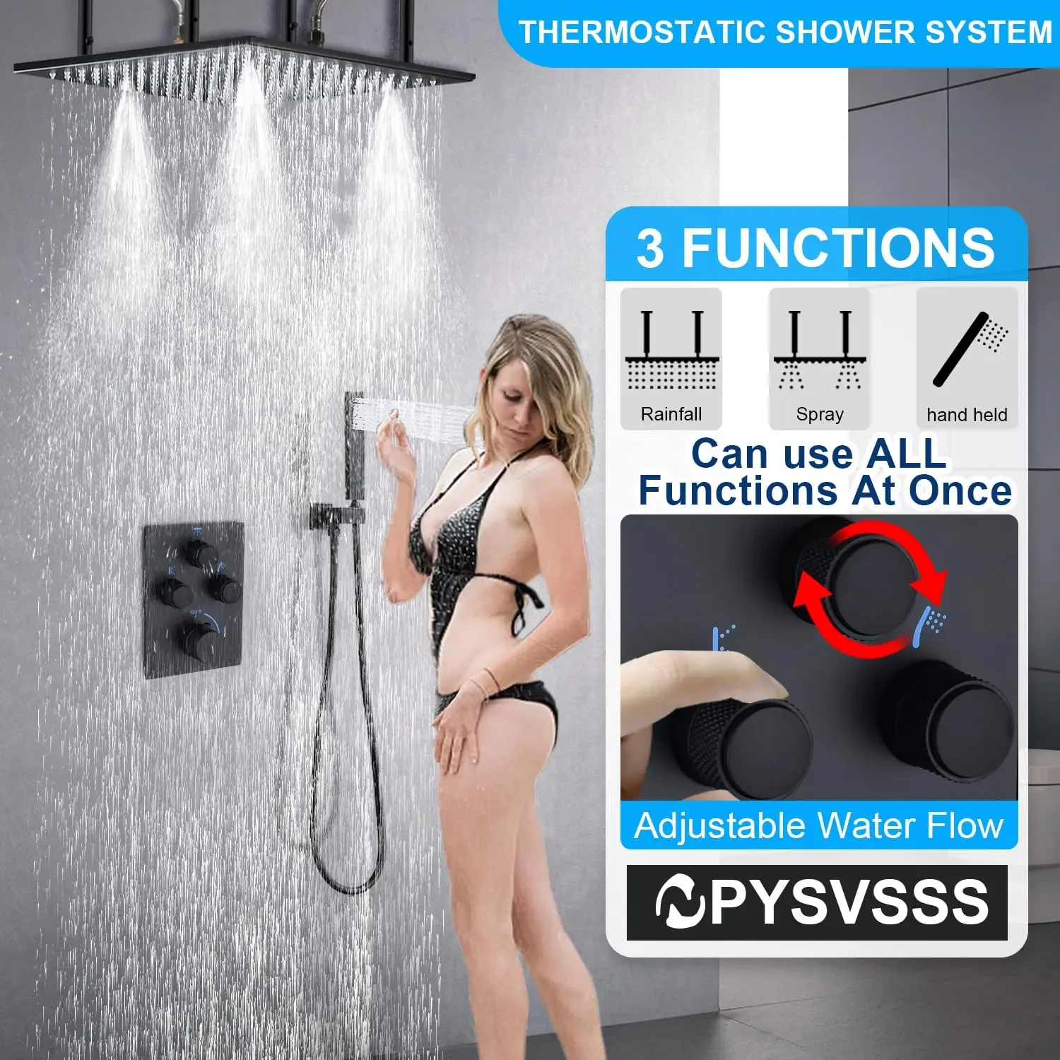 16 Inch Black ceiling mount shower system Push Button 3 Way Shower Mixing Valve bathroom luxury Thermostatic rain shower set