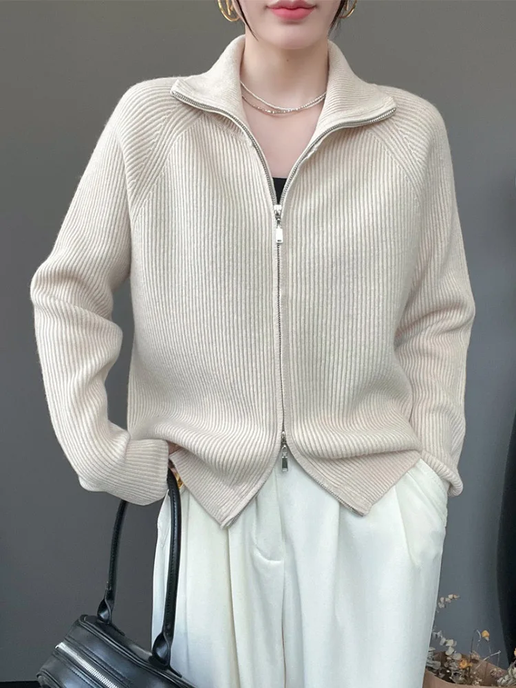

100% Pure Wool Cardigan Sweater Autumn Winter Women's High Neck Double Zipper Thick Knitted Jacket Loose Cashmere Outwear Tops