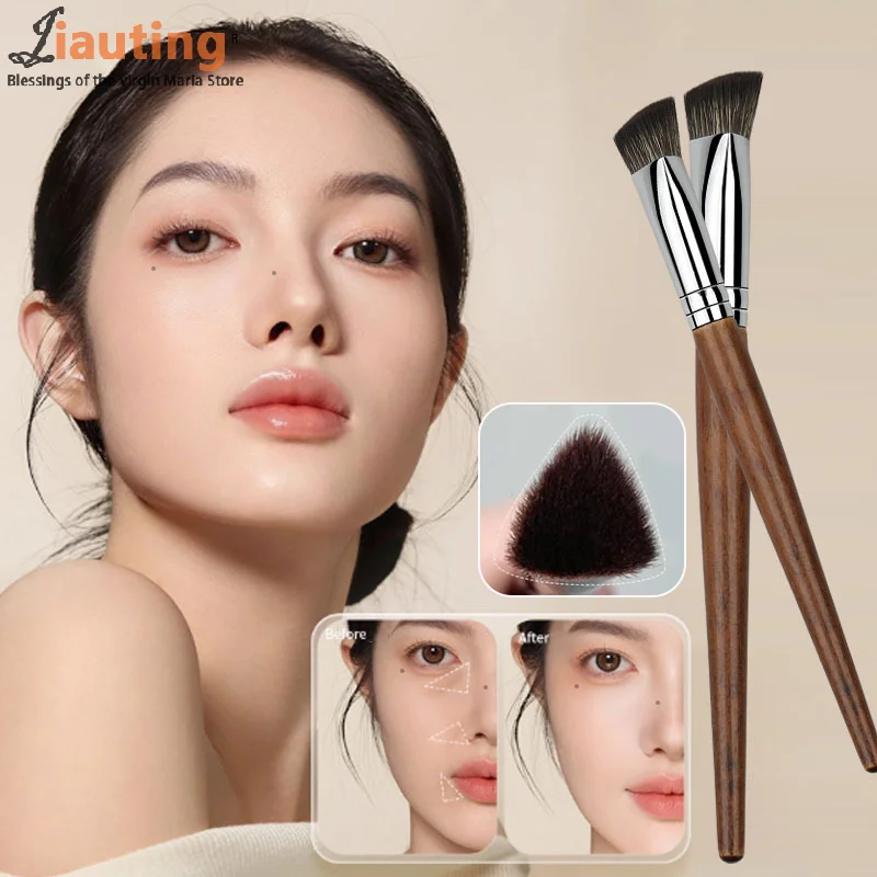 Pincel corretivo de base com cabo de madeira, triângulo premium, contorno, blush, impecável sob os olhos, pincel de maquiagem facial denso