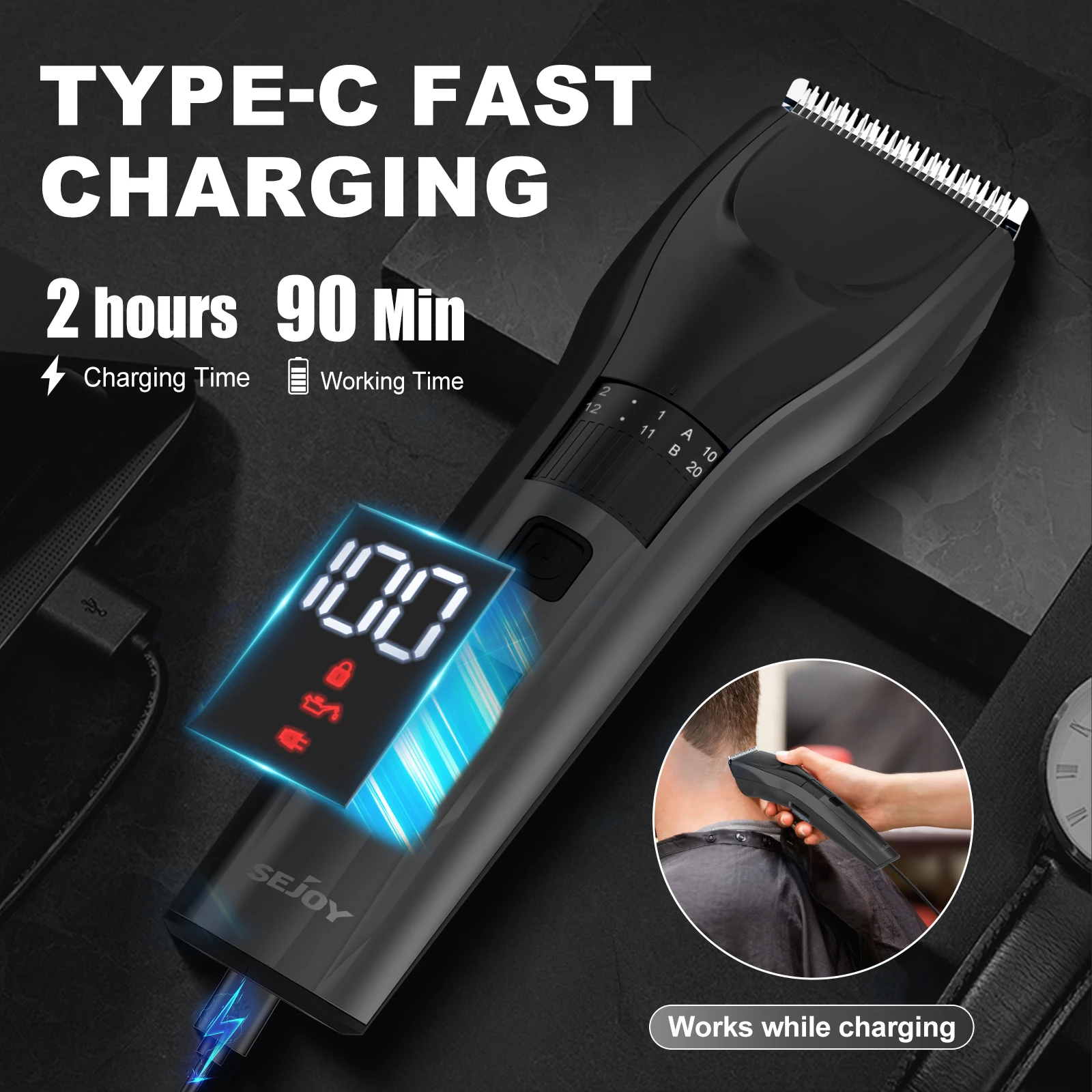 Sejoy Electric Hair Clipper For Men, 20 Gears Adjustable Hair Cut Machine Hair Trimmer Professional Rechargeable Hair Cut Barber