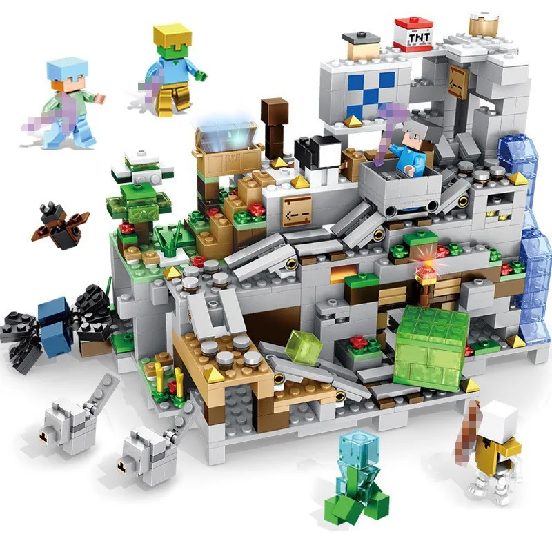 1000Pcs My World Building Block Minecrafted The Mountain Cave With Elevator Waterfall Figures Bricks Education Toy For Kids Gift