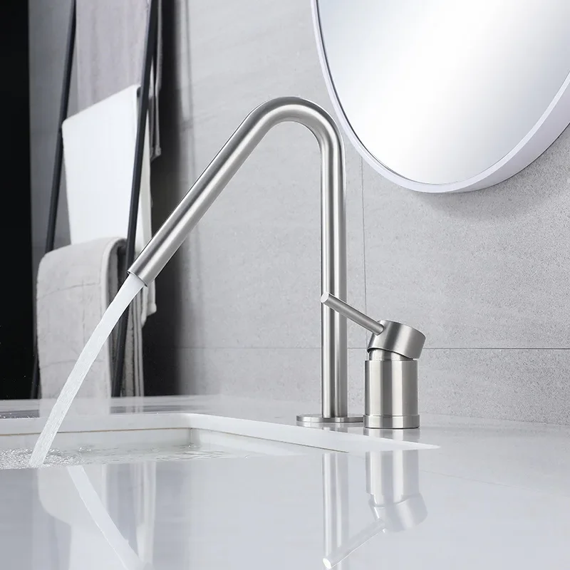 Nickel 304 Stainless Steel Bathroom Basin Faucet Deck Mounted Widespread Hot And Cold Mixed Water Basin Faucet Bathroom Tap