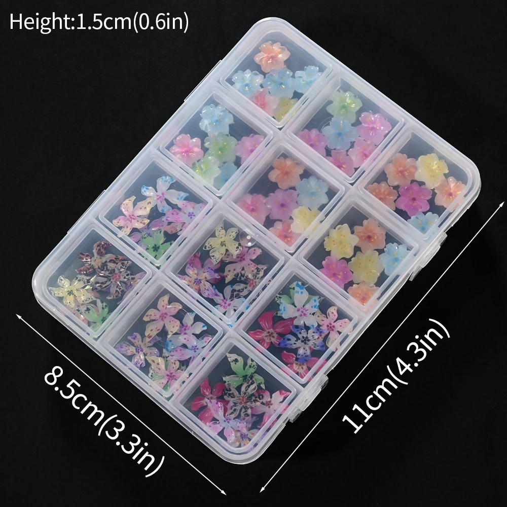 12 Grids 3D Gemengde Lelie & Sakura Bloem Nail Art Charms Colorufl Gevlekte Hibiscus Bloemen Nagels Decoraties DIY Manicure Accessoires