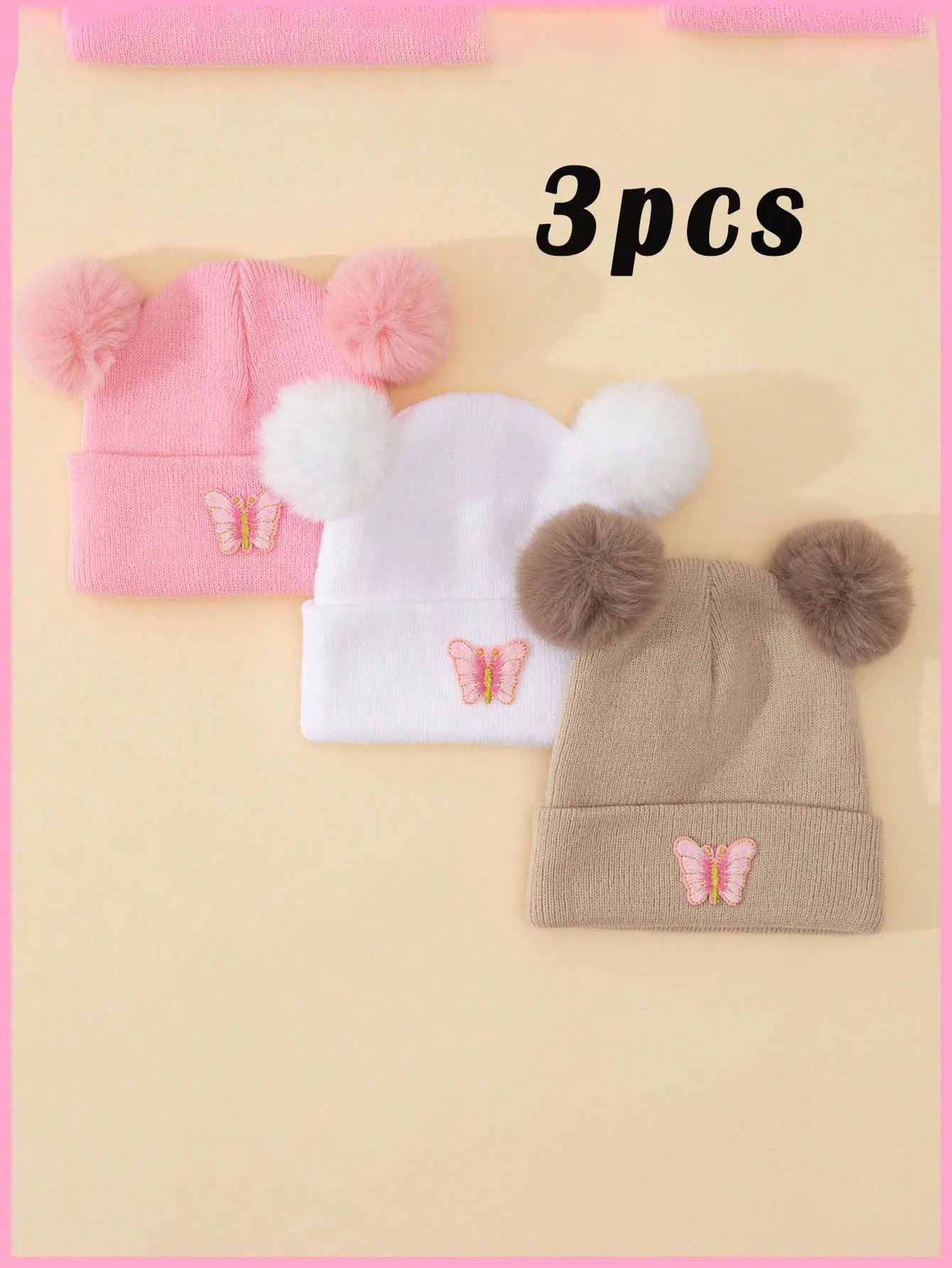 3 Gorros de Punto con Doble Pompón para Niños Unisex de 1 a 6 Años, con Mariposa Bordada, Lindos, Suaves, de Lana, Cálidos para Invierno