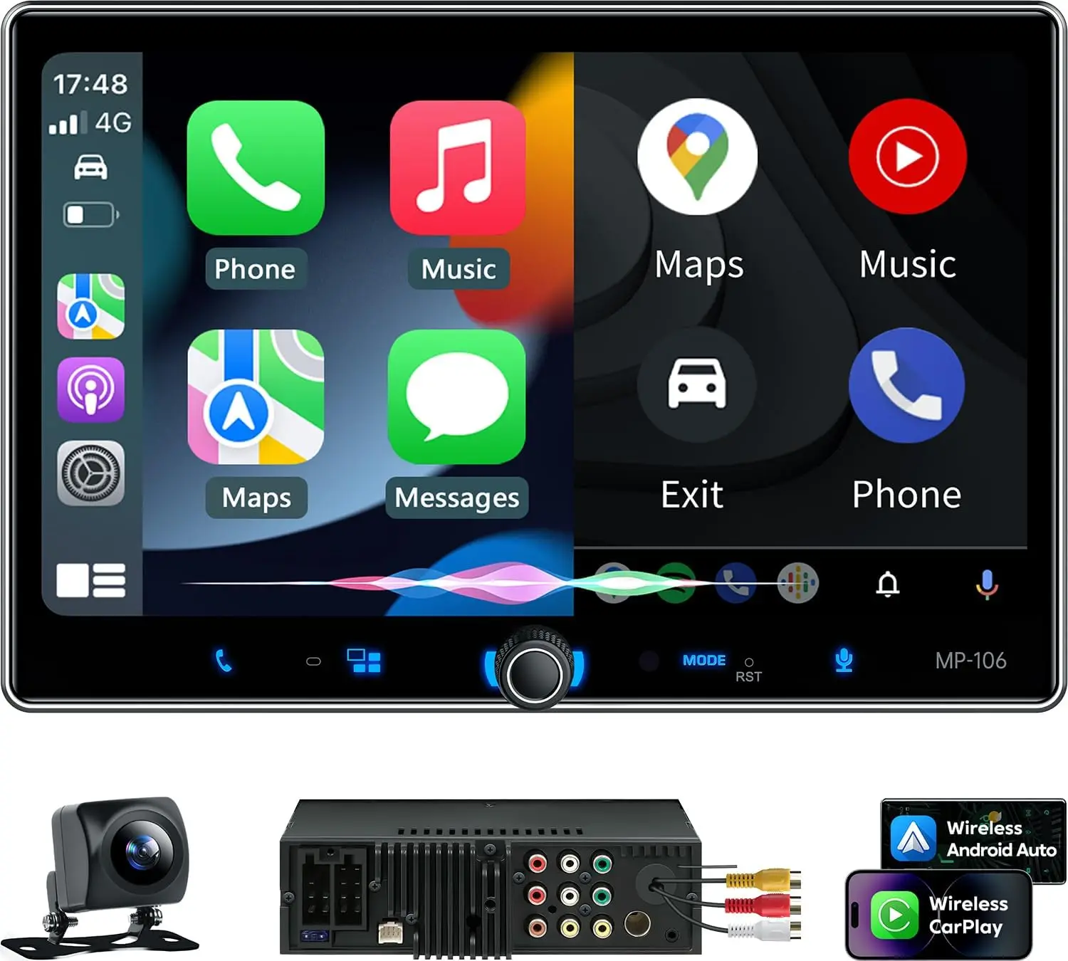 

10,1-дюймовая сенсорная автомагнитола с беспроводным Apple CarPlay, Android Auto, Bluetooth 5.3, камерой заднего вида, навигацией