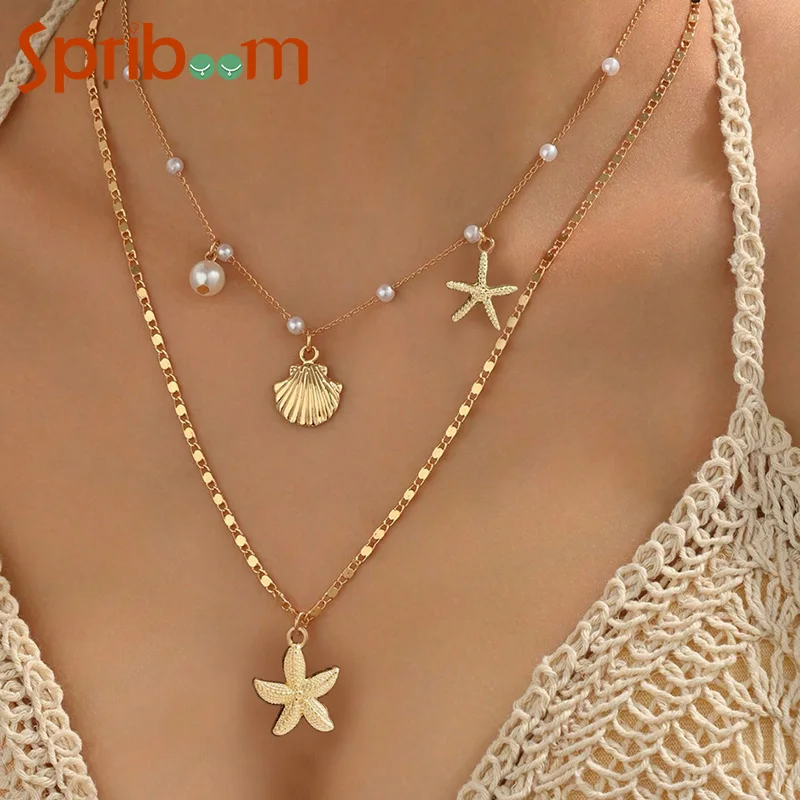 

Starfish Shell Pearl Necklace Set Fashion Pendant Necklaces for Women Ocean Beach Jewelry Female Travel Accessories 2Pcs/set