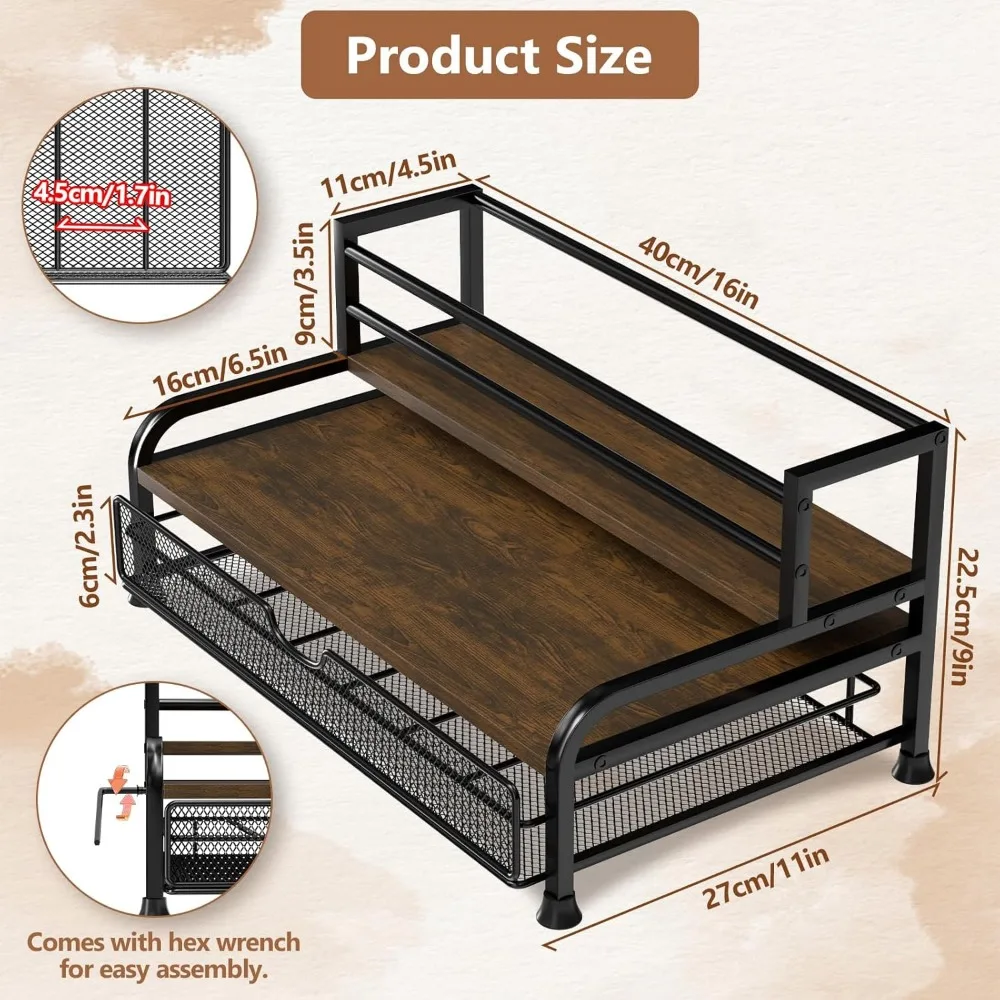 3-Tier Coffee Syrup Rack with Pull-Out Drawer for 8 Bottles and 35 K-Cups, Space-Saving Kitchen Organizer