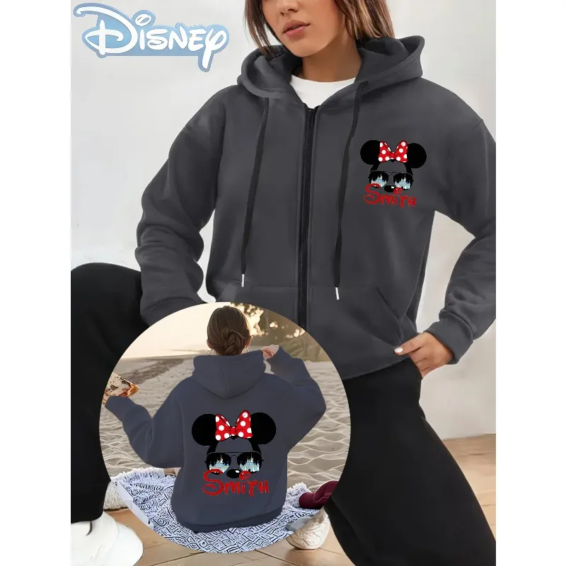 

Autumn/Winter Disney Minnie Pattern Double Sided Printed Hooded Zipper Hoodie Casual Warm Fun Style Long Sleeve Double Pocket