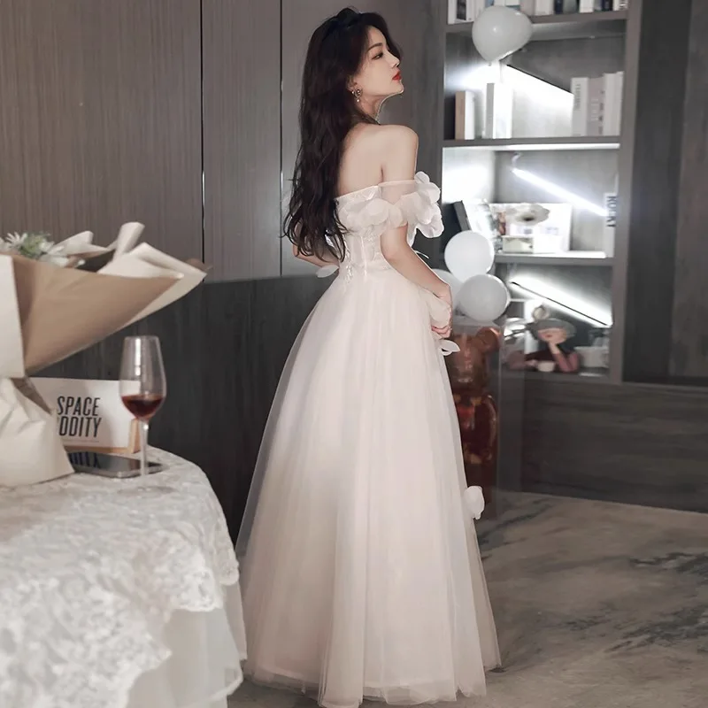 Elegant 3D Floral Slash Neck Evening Dresses Women Sweet Solid Color Off The Shoulder Wedding Dress White Maxi Vestidos De Noche