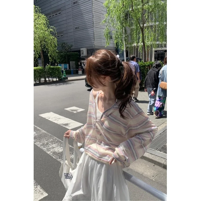 

2026 Summer New Style Korean Loose Casual Thin Women's T-shirt Sunshade Cover up Striped Top Breathable Comfortable Long Sleeve